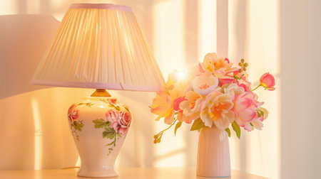 A charming table lamp with a floral shade and a vibrant flower arrangement, creating a warm and inviting atmosphere in a sunlit space.の素材