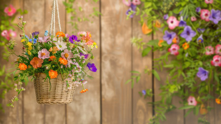A vibrant hanging basket filled with a delightful mix of colorful flowers, set against a rustic wooden background, evoking a sense of tranquility and beauty.の素材