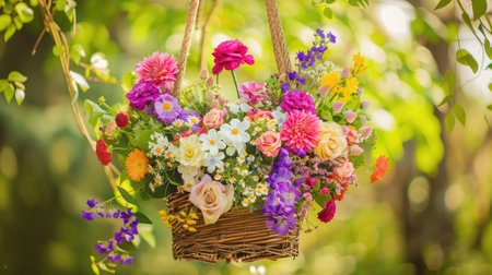 A beautiful hanging basket filled with an array of vibrant flowers in a natural setting, showcasing the essence of spring and summer blooms.の素材