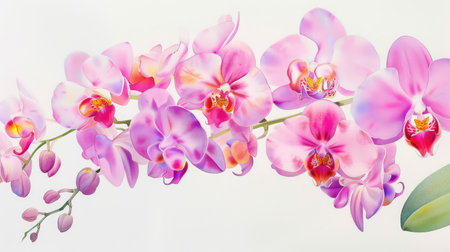 A visually stunning arrangement of vibrant pink orchid blossoms set against a soft white background, showcasing the intricate beauty of nature's artistry.の素材