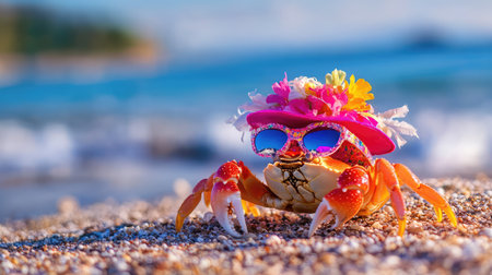 A vibrant crab wearing stylish sunglasses and a floral hat poses on the sandy beach, embodying the spirit of summer and beach fun with playful charm.の素材