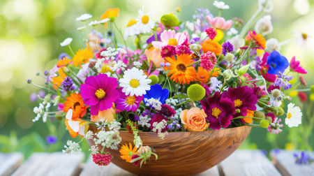 A stunning arrangement of vibrant wildflowers in a wooden bowl showcases the beauty of nature. Perfect for garden-themed projects or floral decor.の素材