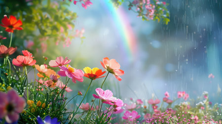 A beautiful flower garden adorned with vibrant blooms and soft rainfall creates a serene atmosphere, enhanced by a colorful rainbow in the background.の素材