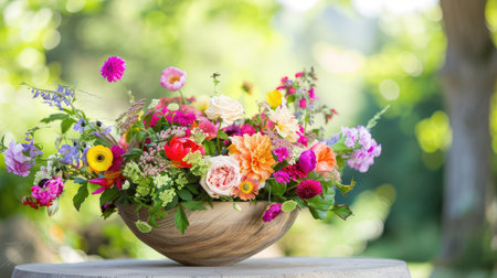 A stunning floral arrangement featuring a mix of colorful flowers in a rustic wooden bowl. This vibrant display captures the essence of nature and warmth, perfect for enhancing any space with beauty and elegance.の素材