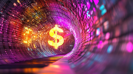 A vibrant digital tunnel illustrating the transformation of finance with a glowing dollar symbol, representing growth and innovation in the money market.の素材