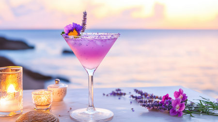 A stunning purple cocktail featuring lavender and edible flowers, beautifully presented on a table by the beach during sunset, perfect for a relaxing evening.の素材