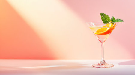 A vibrant cocktail featuring citrus slices and mint leaves, set against a gentle pink backdrop. Perfect for summer gatherings or refreshing moments.の素材