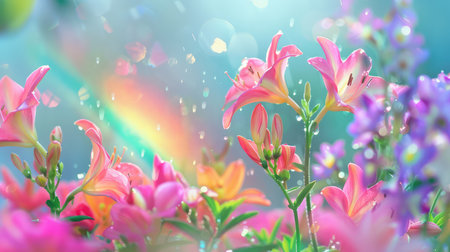A stunning garden scene filled with vibrant flowers and soft raindrops, complemented by a gentle rainbow in the background, showcasing nature's beauty.の素材