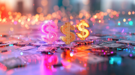 Vibrant dollar symbols stand out against scattered cash and a backdrop of shimmering lights, representing financial prosperity and investment opportunities.の素材