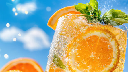 A refreshing citrus beverage, featuring vibrant orange slices and fresh mint, glistens in sparkling water against a sunny blue sky. Perfect for summer.の素材