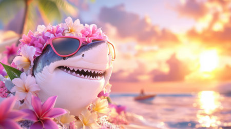 A cheerful shark adorned with a flower crown and sunglasses relaxes on a tropical beach at sunset. The scene captures a vibrant and playful atmosphere, perfect for conveying joy and adventure in oceanic settings.の素材