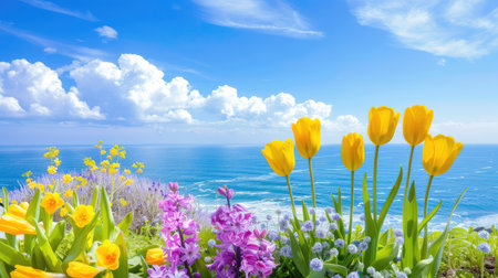 A stunning display of vibrant spring flowers in various colors, set against a backdrop of a tranquil ocean and bright blue sky, exuding natural beauty.の素材