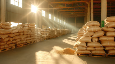 A warm, inviting view of a grain storage warehouse filled with burlap sacks during sunset, showcasing the peaceful ambiance and agricultural richness.の素材