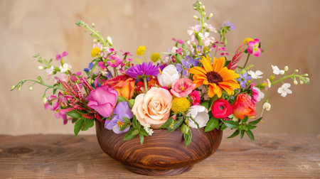 Beautifully arranged floral display featuring vibrant blooms in a wooden bowl, perfect for home decor, celebrations, and special events, embodying nature's beauty.の素材