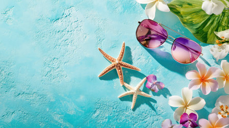 A vibrant summer composition featuring starfish, stylish sunglasses, and tropical flowers on a bright blue backdrop, perfect for capturing vacation vibes.の素材