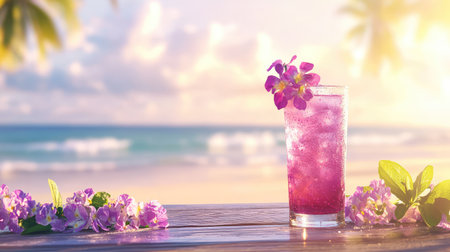 A beautifully crafted tropical drink adorned with a vibrant purple flower sits on a wooden table, overlooking a serene beach at dawn, radiating relaxation and bliss.の素材