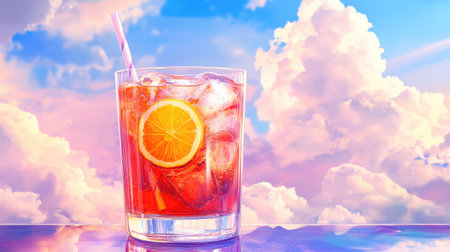 A vibrant glass filled with a refreshing drink featuring ice and a citrus slice, set against a picturesque backdrop of fluffy clouds and blue sky.の素材