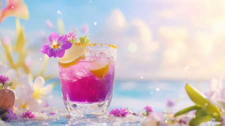 A vibrant tropical cocktail features a striking purple hue, garnished with fresh flowers, lime, and ice, set against a sunny beach background.の素材
