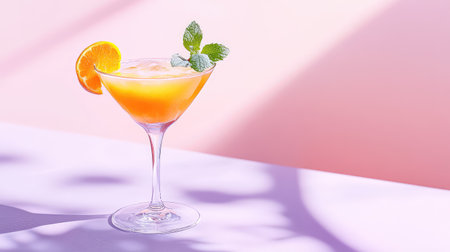 A vibrant citrus cocktail garnished with fresh mint sits elegantly in a glass, basking in soft sunlight against a pink background, perfect for summer refreshment.の素材