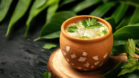 Enjoy a vibrant herbal drink served in a rustic clay pot, garnished with fresh cilantro and mint, surrounded by lush green leaves for a refreshing look.の素材