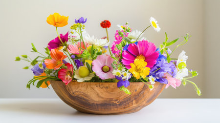 A stunning display of vibrant flowers in a wooden bowl, showcasing a variety of colors and textures. Perfect for home decor, events, or cheerful atmospheres.の素材