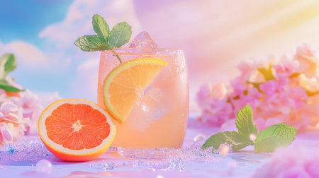 A vibrant and refreshing cocktail featuring grapefruit and lemon garnishes, mint leaves, surrounded by floral elements and soft pastel lighting.の素材