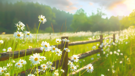 A tranquil meadow filled with vibrant daisies complements a rustic wooden fence, creating a peaceful atmosphere bathed in soft morning light.の素材