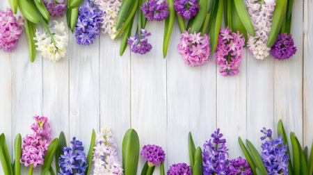 The image showcases an array of vibrant hyacinths in shades of purple, pink, and white on a rustic wooden background. Ideal for floral arrangement inspiration, this composition exudes beauty and freshness, perfect for spring dの素材