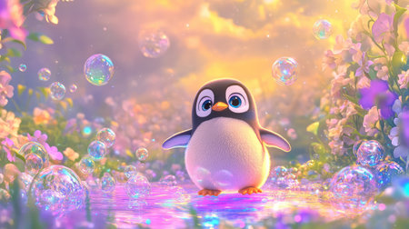 A charming cartoon penguin stands in a magical garden filled with colorful flowers and bubbles. This whimsical scene captures joy and innocence, appealing to both children and adults.の素材