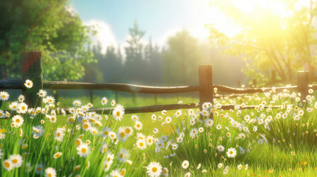 A serene meadow filled with blooming daisies and lush greenery, enhanced by a rustic wooden fence and warm sunlight, captures the essence of natural beauty.の素材