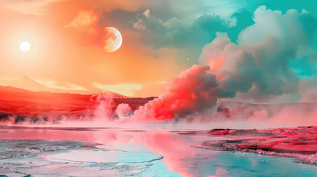 Experience an otherworldly scene featuring vibrant clouds, twin suns, and steam rising from a tranquil waterbody, creating a surreal atmosphere.の素材