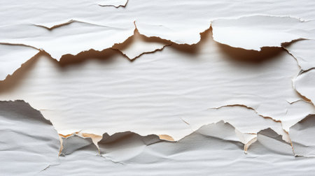 A close-up view of torn white paper that features unique textures and layers, offering an artistic background ideal for design projects and creative works.の素材