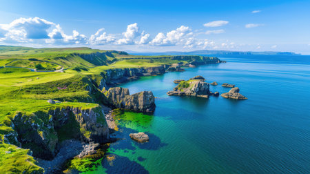 This breathtaking coastal landscape features dramatic cliffs, lush greenery, and crystal-clear waters, offering stunning views under a clear blue sky with clouds.の素材