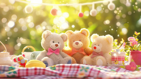 This delightful scene features three adorable teddy bears enjoying a sunny outdoor picnic, surrounded by vibrant flowers and soft light, evoking joy and warmth.の素材