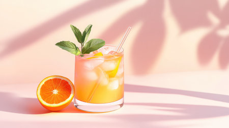 Captivating image of a refreshing citrus cocktail garnished with mint, featuring vibrant colors and ice, set against a serene pastel backdrop. Perfect for summer themes.の素材