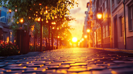 A breathtaking sunset illuminates a charming cobblestone street lined with trees and glowing lamps. This serene scene invites feelings of tranquility and beauty, perfect for travel and urban exploration themes.の素材
