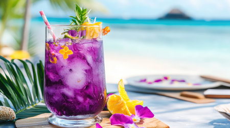 A vibrant purple cocktail served with citrus garnishes on a tropical beach. Perfect for summer relaxation, this refreshing drink showcases natural beauty.の素材