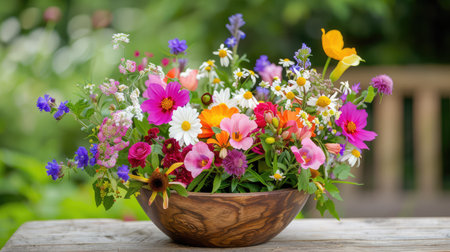 A stunning arrangement of vibrant wildflowers in a beautifully crafted wooden bowl, capturing the essence of nature's beauty and perfect for any decor.の素材