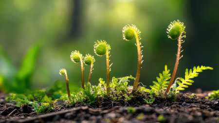 Delicate ferns emerge from the earth, basking in warm sunlight. This image captures the beauty of nature's renewal, showcasing green growth in a peaceful forest atmosphere.の素材