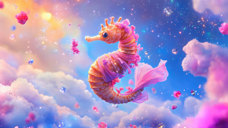 A stunning illustration of a whimsical sea horse adorned with flowers, drifting through colorful clouds in a dreamy, ethereal landscape. The vibrant hues and soft details create a magical atmosphere, perfect for fantasy themes.の素材