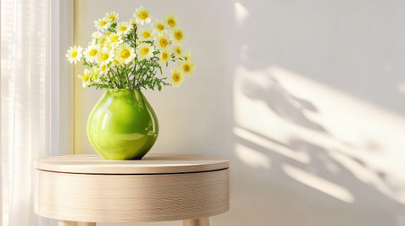 A vibrant green vase filled with fresh white daisies creates a cheerful atmosphere on a light wooden table illuminated by soft natural light.の素材