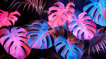 This captivating stock image features vibrant neon monstera leaves illuminated in striking colors, creating a tropical and artistic atmosphere perfect for modern designs.の素材