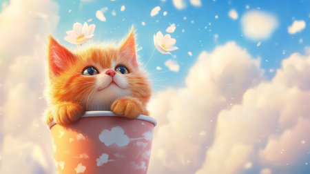 This enchanting image features a delightful orange kitten with expressive blue eyes perched in a whimsical cup. Surrounded by soft flowers and fluffy clouds, this scene captures pure joy and innocence, perfect for celebrating springtime and adorable pets.の素材