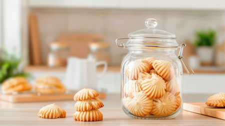 A delightful scene featuring a glass jar filled with freshly baked cookies, placed on a wooden table. The inviting kitchen background adds warmth, making it perfect for any baking enthusiast.の素材