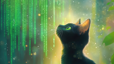This enchanting image features a curious black cat gazing upward at luminous green binary code, set in a surreal digital landscape filled with sparkles and ethereal light.の素材