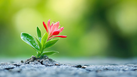 A stunning close-up of a vibrant red flower emerging from a cracked surface, symbolizing resilience and beauty amid nature's serene setting.の素材