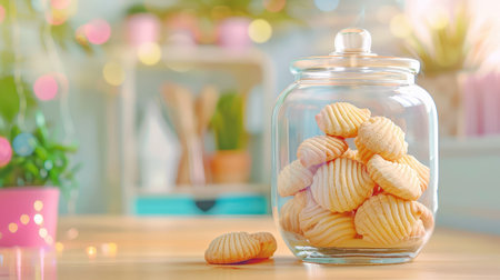 A charming glass jar brimming with shell-shaped cookies sits in a cozy kitchen setting, radiating warmth and inviting sweetness, perfect for any occasion.の素材