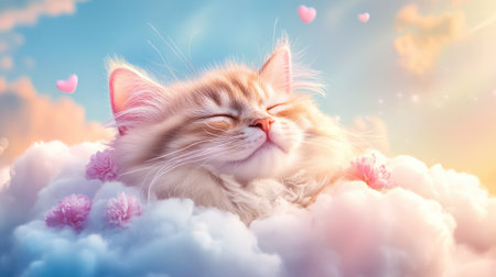 This enchanting image features a fluffy cat resting on a cloud, surrounded by pastel colors and heart shapes. It evokes feelings of peace and joy, perfect for art lovers.の素材