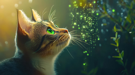A captivating image of a cat with bright green eyes gazing thoughtfully at a cascade of magical sparkles in a serene forest setting.の素材