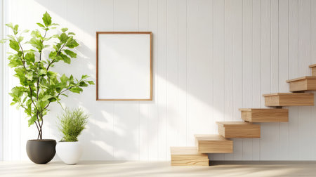 A serene and minimalistic interior showcasing wooden stairs, vibrant green plants, and an empty frame on a white wall, ideal for design inspiration.の素材